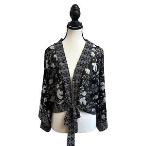 Ember Black White Floral Kimono Cardigan Crop Tie Front Sheer Duster L
